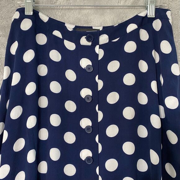 Talbots Women’s Midi Skirt A-line Flare Navy Blue Polka Dot Size 10 Faux Button - Picture 11 of 12